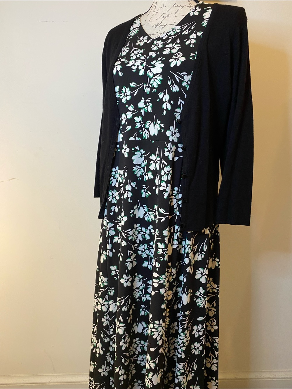 Talbots Black Maxi Dress with White and Mint Floral Print
